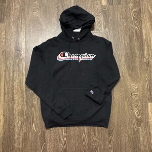 Champion Black Hoodie with Red & Blue Script Logo
